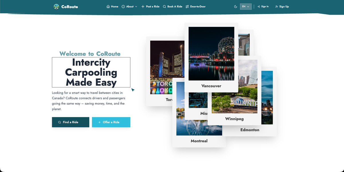 Screenshot of CoRoute, Carpooling platform connecting riders and drivers with routes across Canadian cities.