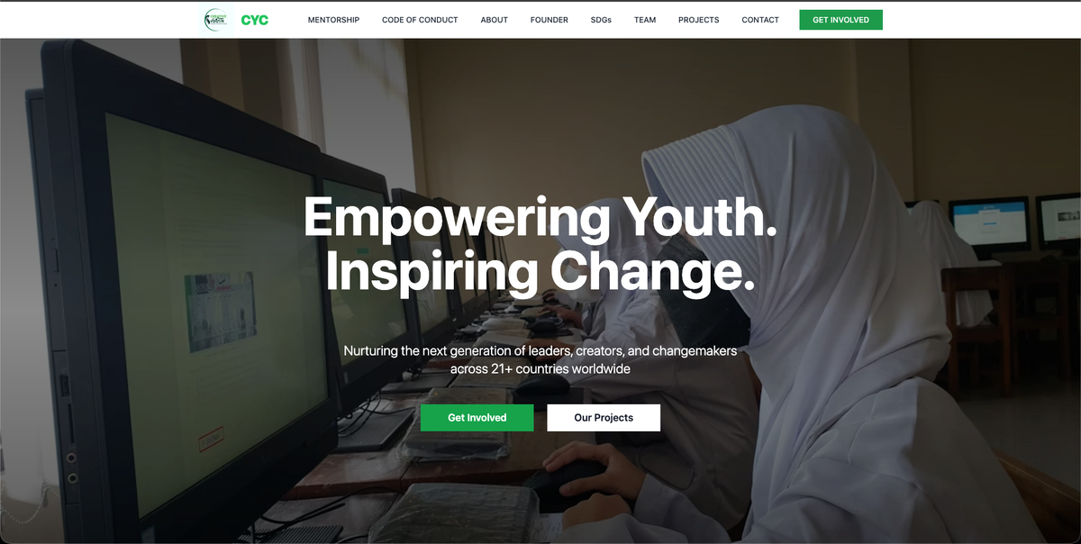 Screenshot of Creative Youth For Change, Digital platform supporting youth empowerment and community development programs in Pakistan.