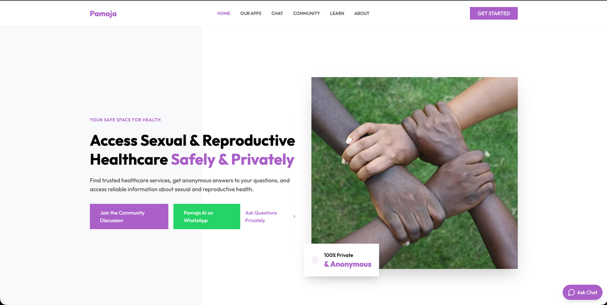Screenshot of Pamoja Health, Healthcare platform enabling safe and private access to sexual and reproductive health services.